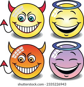 Four colorful emojis representing good and evil, with devil horns and angel halo