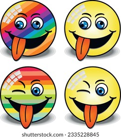 Four colorful emojis are sticking their tongues out, two with rainbow stripes and two winking