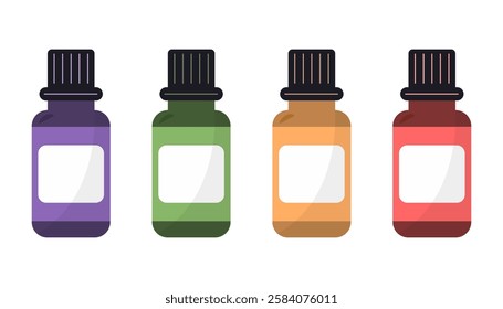 Four colorful essential oil bottles with black caps and blank labels, arranged in a row on a white background. Concept of aromatherapy and wellness