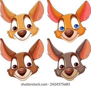 Four colorful, expressive cartoon dog illustrations.