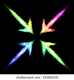 Four colorful fire arrows directed to the centre. Illustration on black background. 