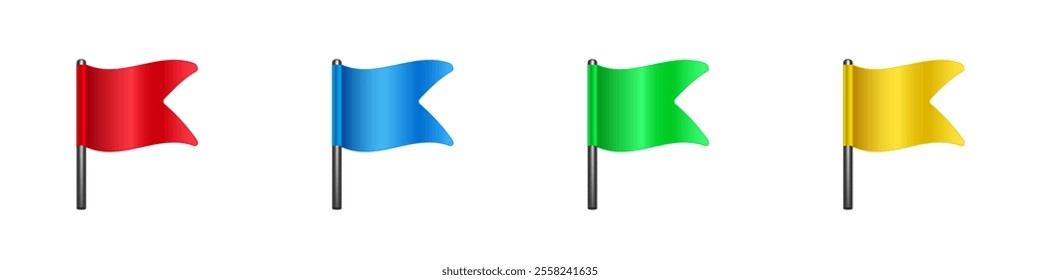 "four colorful flags in different hues: red, blue, green, and yellow on flagpoles.".