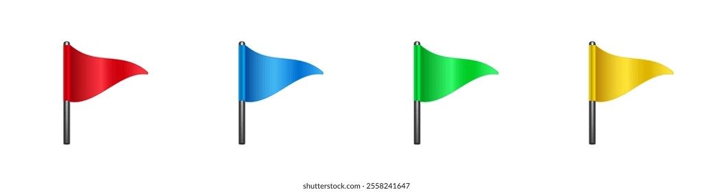 Four colorful flags in a row, featuring red, blue, green, and yellow. perfect for design and decoration concepts.
