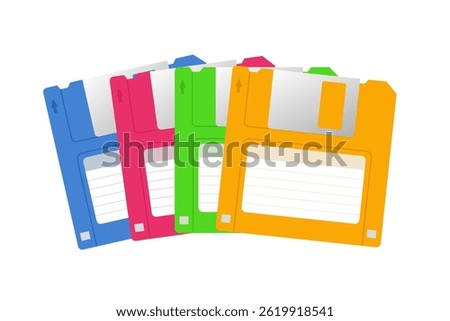 Four colorful floppy disks are overlapping, creating a vibrant and nostalgic reminder of obsolete technology, evoking a sense of the past and the evolution of data storage