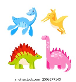 Four colorful, friendly dinosaurs happily posing with big smiles, perfect for kids and animal lovers. Cute, cartoon like characters in vibrant green, blue, pink, and yellow