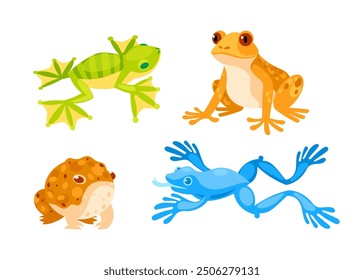 Four colorful frogs are sitting, jumping, and catching flies with their tongues in this cartoon illustration of amphibians