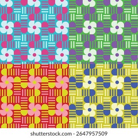 Four colorful geometric patterns, each featuring abstract floral and linear motifs in different vibrant color combinations.