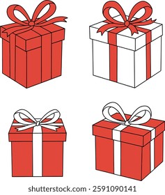 Four colorful gift boxes with ribbons, showcasing various designs, evoke a festive and joyful atmosphere, perfect for celebration themes.