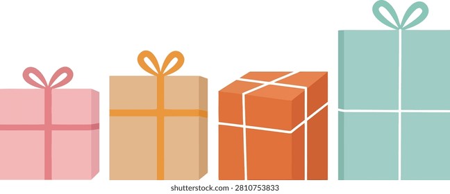 four colorful gift boxes with ribbons on white background