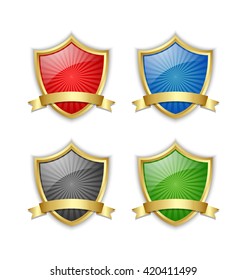 Four colorful glossy golden shields with ribbons on white background