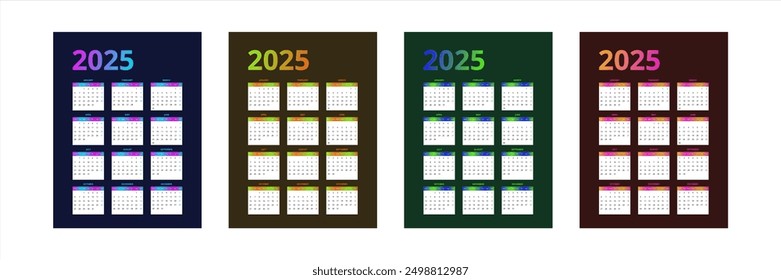Four colorful gradient 2025 calendars set.