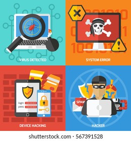 Four colorful hacking compositions with flat images and pictograms of gadgets viral protection and hacker character vector illustration