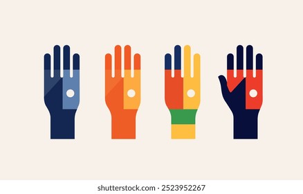 Four colorful hands are raised showing four fingers each, symbolizing a voting process or a collective agreement, flat design, vector