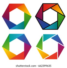 Four colorful hexagon rainbow pictograms - first icon with gradient, second with spectrum gradient and black outline, third with less hue and fourth with white outline