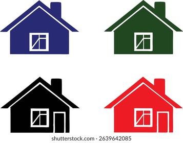 Four colorful house icons in blue, green, black, and red on a white background. Simple house illustration.