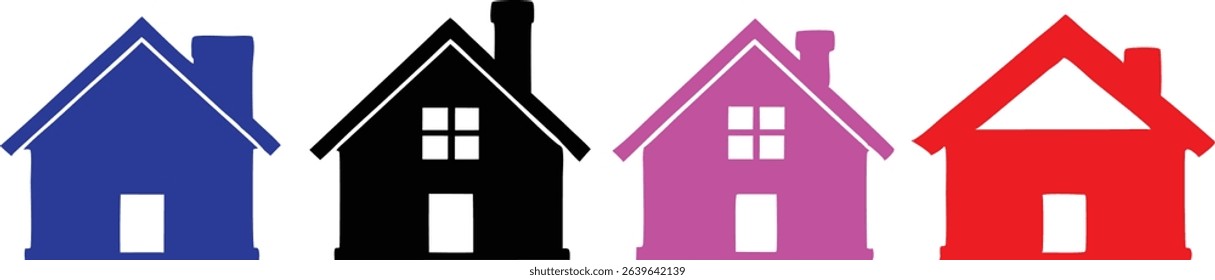 Four colorful house icons in a row: blue, black, pink, and red on a white background.