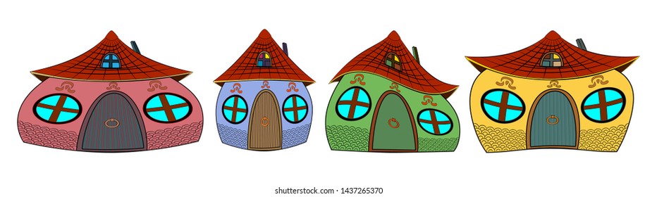 Four colorful houses of funny convex shape. A row of houses with round windows, a wooden door and dark red tiles. Dwellings from a fairy tale of a convex shape.