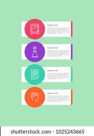 Four colorful icons isolated in circles poster, vector safe case picture, document with text sample, brainstorm and chess queen, strategy illustration