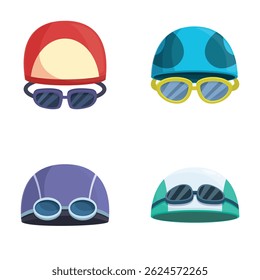 Four colorful illustrated swimming caps paired with goggles, isolated on a white background