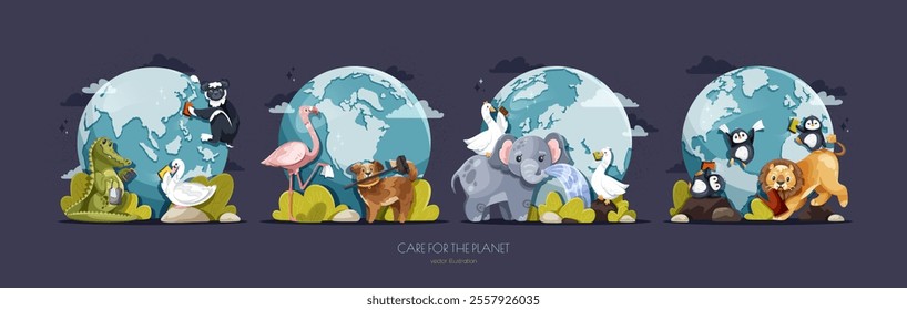 Four colorful illustrations with animals and birds grouped around the planet Earth, representing unity and care for the environment, clipart on dark blue background