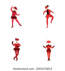 Four colorful illustrations of cartoon jugglers performing, in fun and dynamic circus attire