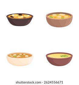 Four colorful illustrations of cartoonstyle soup bowls, perfect for menus and foodrelated designs