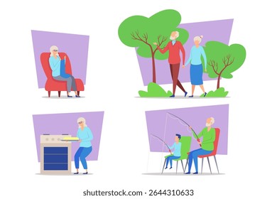 Four colorful illustrations of elderly individuals enjoying various daily activities. One person relaxing in chair, while couple strolling among trees
