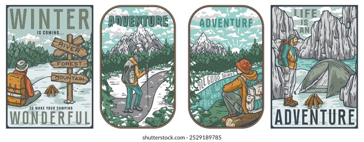 Cuatro ilustraciones coloridas con mochileros disfrutando del paisaje invernal, caminando en la nieve y acampando en las montañas