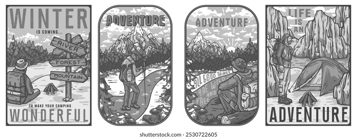 Four colorful illustrations featuring backpackers enjoying winter scenery, hiking in the snow, and camping in the mountains