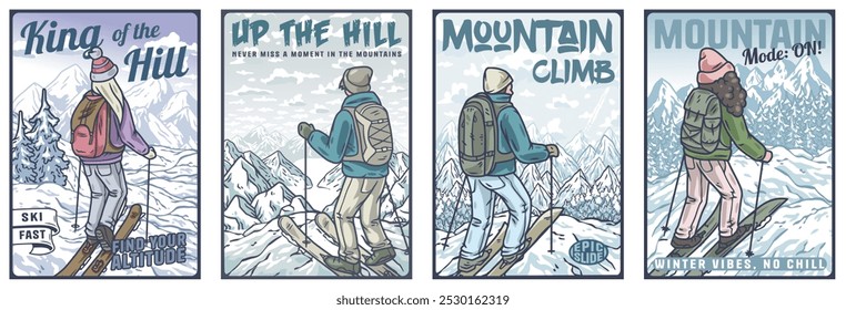 Four colorful illustrations featuring people skiing and enjoying the view of the snowy mountains, perfect for winter sports advertising and tourism marketing