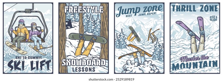 Four colorful illustrations perfect for a poster set, showing people having fun practicing winter sports like skiing and snowboarding