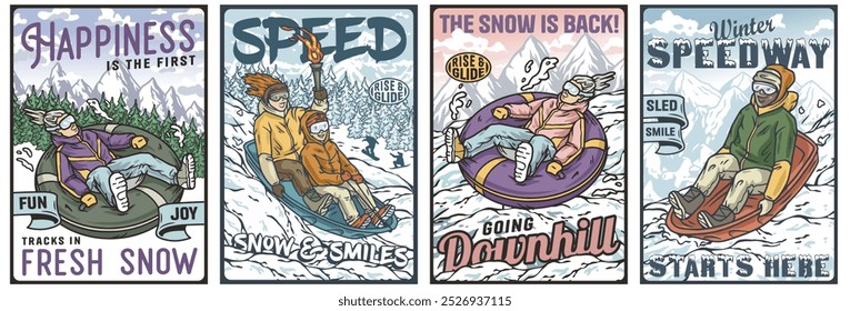 Quatro ilustrações coloridas mostrando pessoas felizes desfrutando de atividades de inverno como tubulação de neve e deslizando por uma montanha coberta de neve