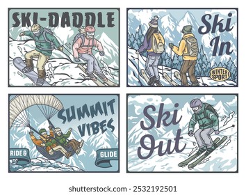 Cuatro ilustraciones coloridas que muestran a personas practicando deportes de invierno como el esquí y el parapente con montañas nevadas al fondo. Cartel de invierno o signo para el deporte de invierno