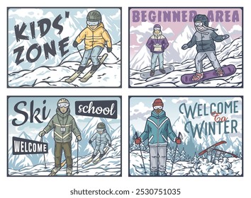 Vier farbenfrohe Illustrationen zeigen Skifahrer und Snowboarder, die in einem Skigebiet Wintersport betreiben. Winterplakat oder -schild