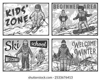 Four colorful illustrations showing skiers and snowboarders enjoying winter sports at a ski resort. Winter poster or sign