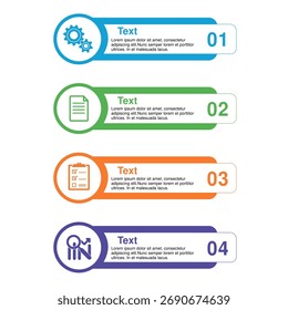 Four colorful infographic elements with distinct icons and numbers, illustrating steps or options in a process, presentation, or report. Each segment features a gear, document, checklist