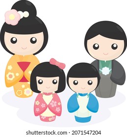 Four Colorful Japanese Traditional Dolls