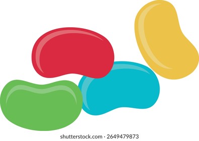 Four colorful jelly beans in red, yellow, green, and blue, arranged in a simple flat style ideal for children’s content, candy packaging, or fun food-themed illustrations
