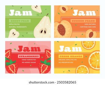 Four colorful labels display organic jam varieties with flavors like sweet pear, summer peach, strawberry, and fresh orange.