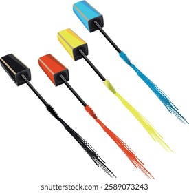 Four colorful mascara brushes painting vibrant strokes of black, red, yellow, and blue on a clean white background