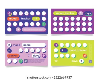 Four colorful mood tracking cards displaying various designs for individuals to log their emotions and reflect on their mental state over different intervals.