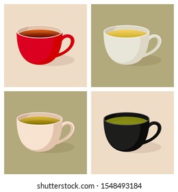 Four colorful mugs with different types of tea: black, green, herbal, matcha tea.