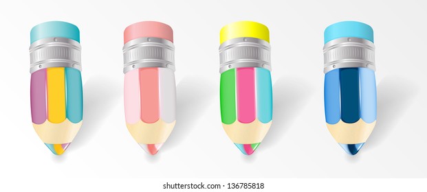 Four colorful multicolored pencils with eraser.