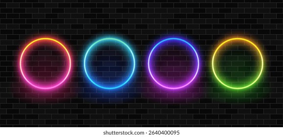 Four colorful neon circles on a dark brick wall background. Vibrant blank frame shapes for modern design display. Vector graphics.
