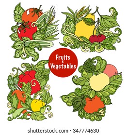 Four colorful ornamental fruits and vegetables compositions with succulent leaves country style eco abstract isolated vector illustration