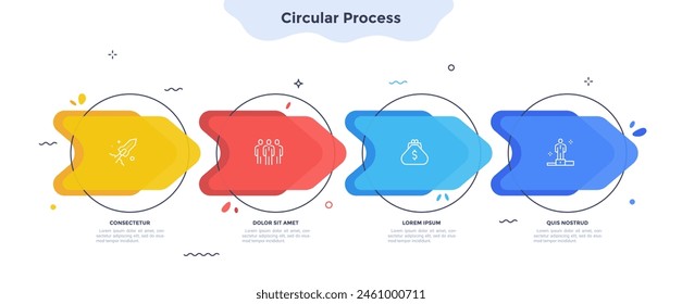 Four colorful overlapping arrows placed in horizontal row. Concept of 4 successive steps of progressive business development. Simple infographic design template. Abstract vector illustration.