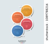 Four colorful overlaying round speech bubbles, thin line symbols, place for text and quotation marks. Concept of dialog or conversation. Modern infographic design template. Vector illustration.