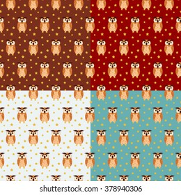 Four colorful owl seamless pattern. Vector illustration of night birds on colored backgrounds.