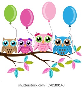 Four colorful owls with balloons sitting on the branch  on a white background