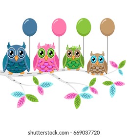 Four colorful owls with balloons sitting on the branch and flying birds on a white background